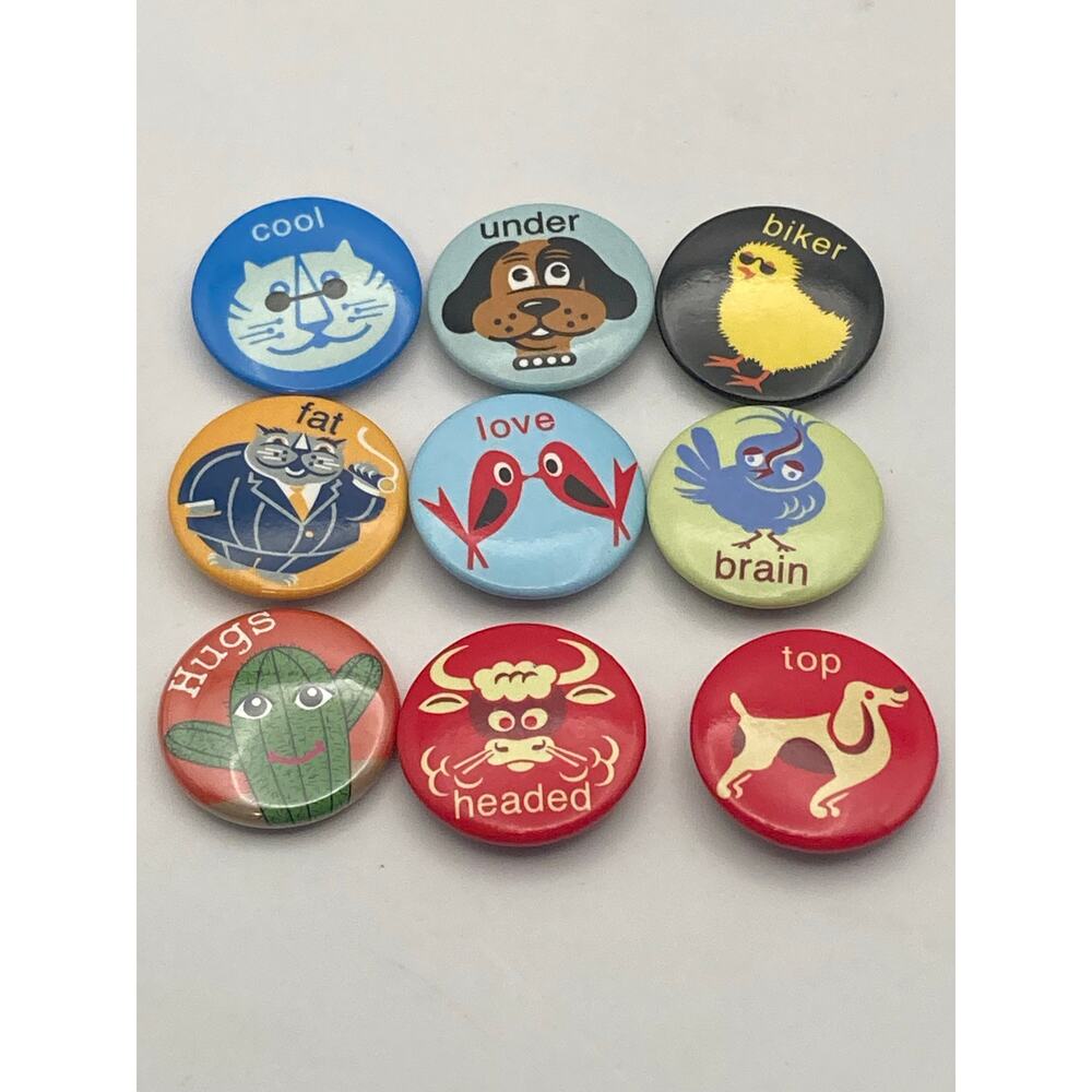 Unique Funny Pin Button Lot Collection (9) Cat Dog Bird Bull